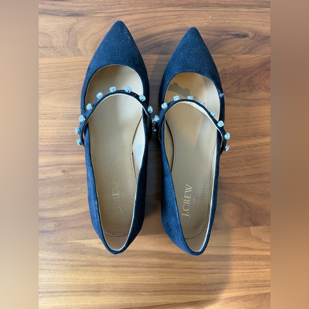 J. Crew Black Flats pointed toe with Crystal Embellishments size 8